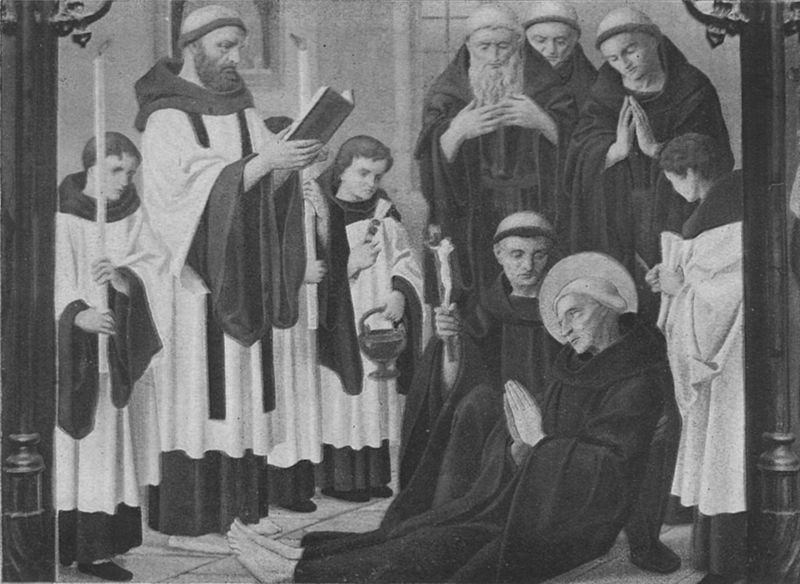 A rather fanciful depiction of Bede's death in 735, taken from *Our Catholic Heritage in English Literature of Pre-Conquest Days* by Emily Henrietta Hickey, published in 1910